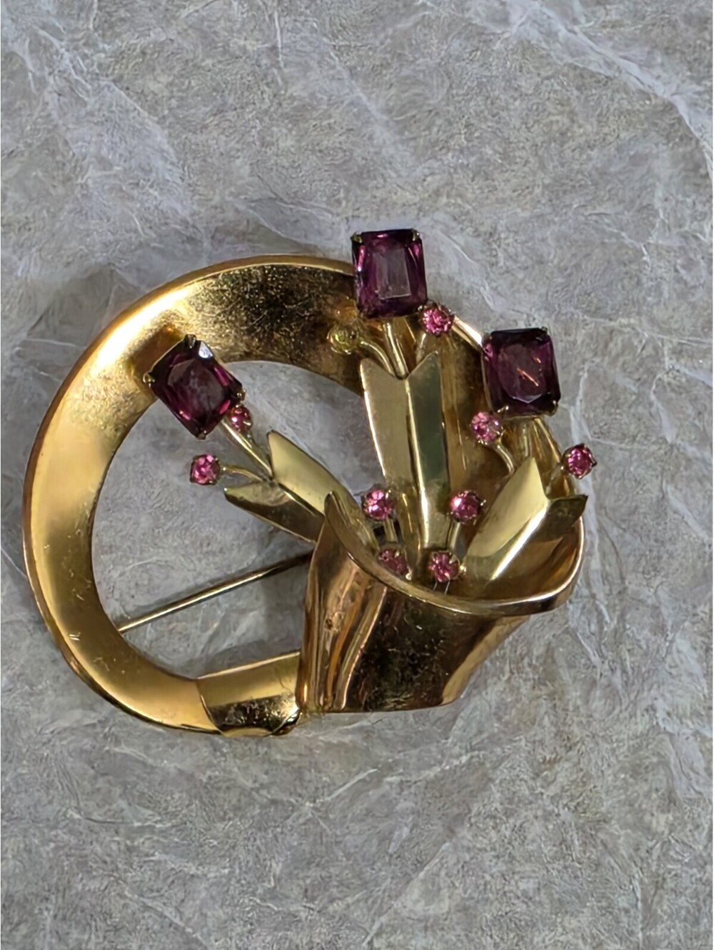 10k Signed Gold Filled Purple,Glass Stone Brooch Pin 14.87gs